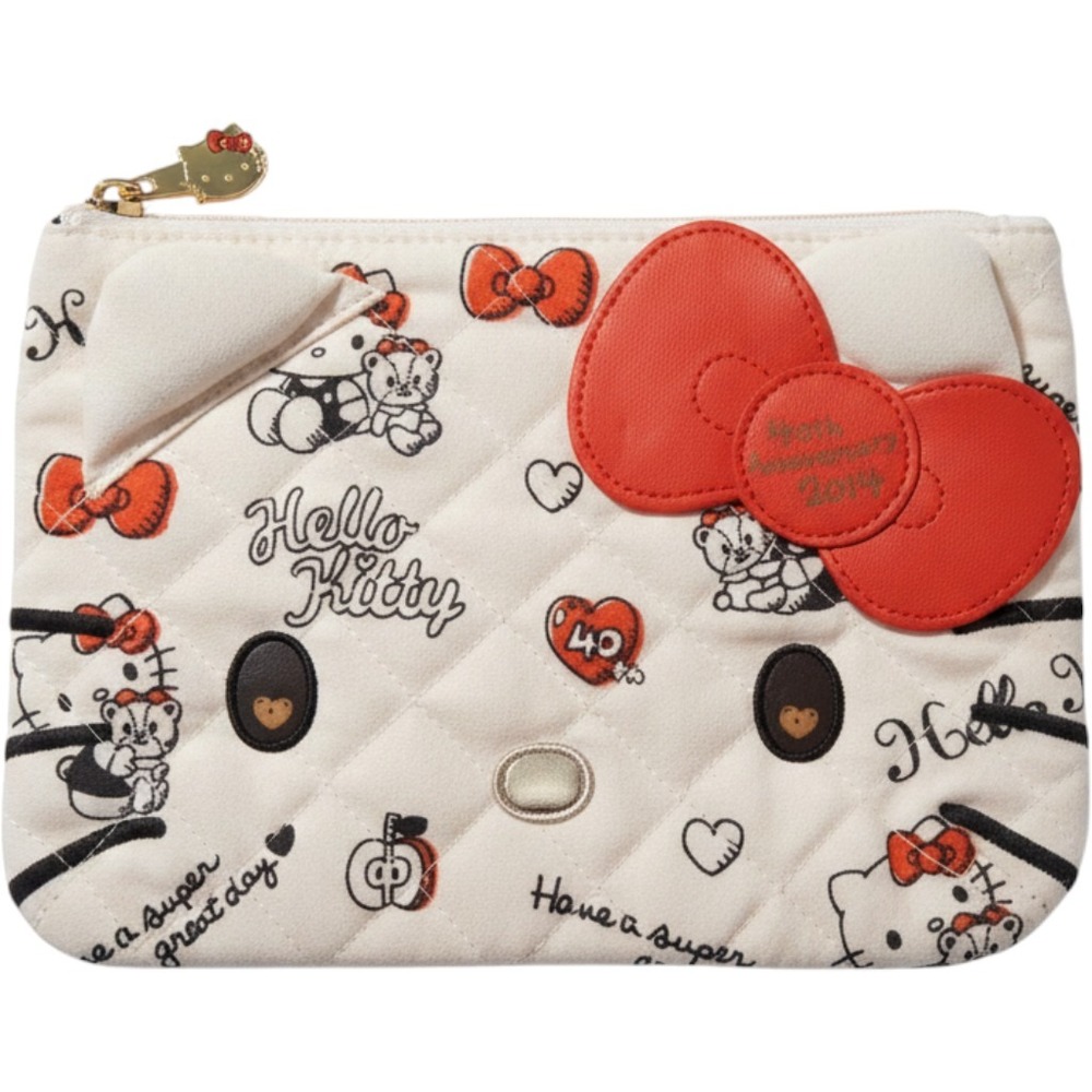 Sanrio Hello Kitty 40th Anniversary Quilted Pouch 2014 Cream Red Bow Makeup Bag